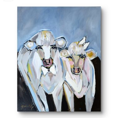 ציור מקורי: ה- il_fullxfull.6285223969_fmqw.jpg הוא ציור חתונה מלא חיים של שתי פרות קרובות זו לזו על רקע אפור-כחול, במשיכות מכחול נועזות ובאמצעות נגיעות מופשטות, היוצר יצירת אמנות מקורית המוסיפה קסם לכל בד. מוסיף צבע וייחודיות לכל חלל.
