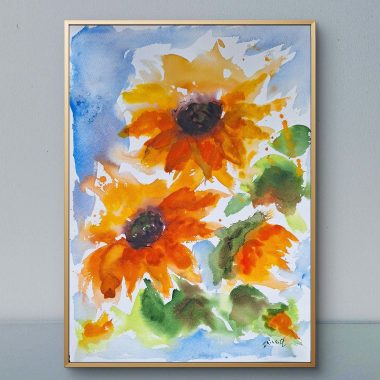 ציור מקורי: הקובץ il_fullxfull.6290608072_npre.jpg מציג ציור בצבעי מים של שני חמניות כתומות בוהקות עם עלים ירוקים על נייר כותנה בגודל 11x15 אינץ', על רקע כחול בתוך מסגרת זהב דקה על קיר אפור בהיר. מוסיף צבע וייחודיות לכל חלל.