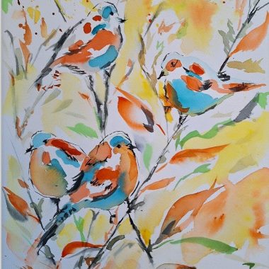 ציור מקורי: Il_fullxfull.6302382196_ng67.jpg הוא ציור בצבעי מים בעבודת יד של ארבע ציפורים צבעוניות היושבות על ענפים עם עלים כתומים, צהובים וירוקים. הציור מתאפיין במשיכות מכחול רפויות ותוססות ובאווירה קלילה ואוורירית, והוא מושלם כקישוט קיר בטבע. מוסיף צבע וייחודיות לכל חלל.