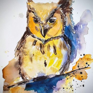 ציור מקורי: ציור צבעי מים מלא חיים בגודל 11x14 אינץ' של ינשוף, שכותרתו 