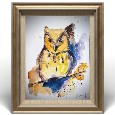 ציור מקורי: ציור ינשוף צבעוני בגודל 11x14 אינץ' בצבעי צהוב, חום וכחול מציג ינשוף יושב על ענף. 