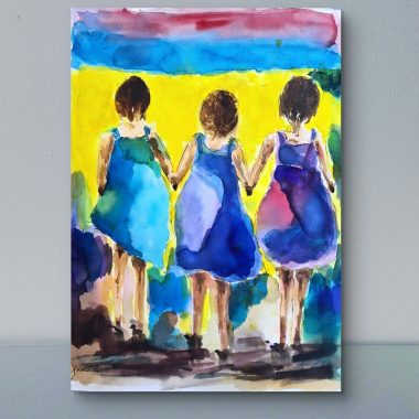 ציור מקורי: Il_fullxfull.6304976922_gco9.jpg: ציור בצבעי מים של שלוש אחיות בשמלות כחולות, אידיאלי כקישוט קיר ייחודי. מוסיף צבע וייחודיות לכל חלל.