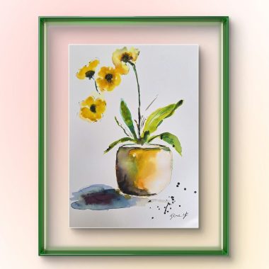 ציור מקורי: Il_fullxfull.6321178694_nq93.jpg: ציור אקוורל מופשט ממוסגר של סחלבים צהובים עם עלים ירוקים בעציץ עגול, מצויר על נייר כותנה. כולל גוונים רכים וכתמים, ממוסגר במסגרת ירוקה על רקע בהיר. מוסיף צבע וייחודיות לכל חלל.