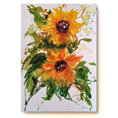 ציור מקורי: ציור בוטני צבעוני ומלא חיים, il_fullxfull.6322934444_eyp6.jpg, מתאר שני חמניות עזות עם עלי כותרת צהובים בולטים ועלים ירוקים על נייר כותנה, עם כתמים וטיפות אקספרסיביים. מוסיף צבע וייחודיות לכל חלל.