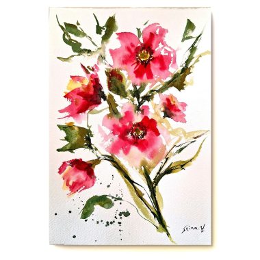 ציור מקורי: ציור מקורי: Il_fullxfull.6324256598_1gbt.jpg מציג פרחים ורודים, עלים ירוקים וגבעולים בצבעי מים על רקע לבן, בסגנון ידני ואוורירי. יצירה מופשטת ומלאת חיים שמוסיפה ייחודיות וצבע לכל חלל. מוסיף צבע וייחודיות לכל חלל.