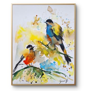 ציור מקורי: הקובץ il_fullxfull.6325186470_74ib.jpg מציג שני ציפורים צבעוניות על ענפים עלים, עם כתמים צהובים, כחולים וכתומים עזים מאחוריהן, ומתעד את אמנות חיות הבר האוסטרלית על נייר כותנה משובח ליצירת אווירה תוססת. מוסיף צבע וייחודיות לכל חלל.