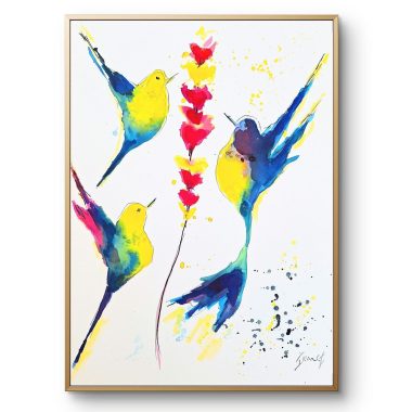 ציור מקורי: ציור בצבעי מים מלא חיים, il_fullxfull.6325239546_xjya.jpg, מציג שלושה ציפורים מופשטות בצבעים כחול, צהוב וורוד עם לבבות אדומים על נייר כותנה לבן וכתמי צבע שובבים — יצירת אמנות מקורית ומרוממת רוח. מוסיף צבע וייחודיות לכל חלל.
