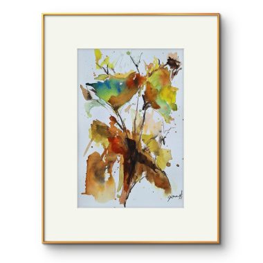 ציור מקורי: Il_fullxfull.6325247604_4df7.jpg הוא ציור מקורי של פרחים מופשטים בצבעי מים, המציג כתמים עזים של צהוב, כתום, חום וירוק על נייר כותנה, המזכירים עלים מצוירים באופן חופשי. ממוסגר במצעים לבנים רחבים ובמסגרת זהב דקה. מוסיף צבע וייחודיות לכל חלל.