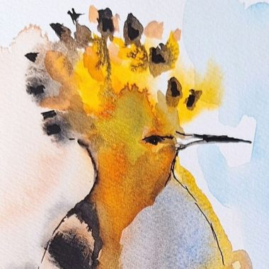 ציור מקורי: הקובץ il_fullxfull.6325735664_d4ys.jpg מציג ציפור דוכיפת עם כתר כתום-צהוב, פרטים שחורים ומקור ארוך, על רקע כחול ולבן רך — יצירת אמנות קיר בצבעי מים מושלמת להאיר את החלל שלכם. מוסיף צבע וייחודיות לכל חלל.