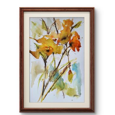 ציור מקורי: Il_fullxfull.6326452176_iiso.jpg מציג ציור פרחים מופשט בצבעי מים על נייר כותנה, עם פרחים כתומים וצהובים, גבעולים ועלים ירוקים, ורקע בהיר המודגש במשיחות מכחול רכות. מוסיף צבע וייחודיות לכל חלל.