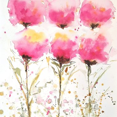 ציור מקורי: הקובץ il_fullxfull.6337867911_puso.jpg מציג ציור בצבעי מים של שישה פרחים מופשטים עם קצוות רכים ומטושטשים, הדגשים צהובים וגבעולים ירוקים על נייר כותנה, על רקע לבן עם כתמים ורודים, צהובים וירוקים. מוסיף צבע וייחודיות לכל חלל.