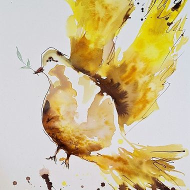 ציור מקורי: Il_fullxfull.6351858969_amjw.jpg מציג יונה של שלום צבעונית במים צבעוניים בצהוב וחום, עפה עם ענף ירוק במקורה, מצוירת במשיכות מכחול חופשיות ומלאות הבעה — אידיאלית לחובבי אמנות ציפורים. מוסיף צבע וייחודיות לכל חלל.