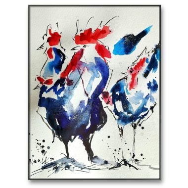 ציור מקורי: הקובץ il_fullxfull.6353178763_bquu.jpg מציג ציור אקוורל אקספרסיבי של שני תרנגולים מלאי חיים עם כרבולת עזה וצבעים עזים, המוסיף אווירה כפרית תוססת לחלל שלכם בזכות הסגנון החופשי והכתמים הדינמיים של הצבע. מוסיף צבע וייחודיות לכל חלל.