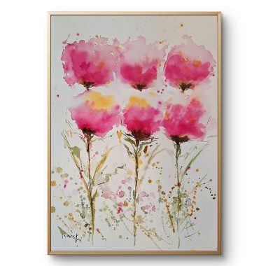 ציור מקורי: ציור בצבעי מים 'il_fullxfull.6355485274_pccc.jpg' מציג שישה פרחים ורודים מופשטים עם גבעולים ירוקים, כתמים צהובים וחומים, על נייר כותנה לבן, ממוסגר במסגרת דקה בצבע זהב. מוסיף צבע וייחודיות לכל חלל.