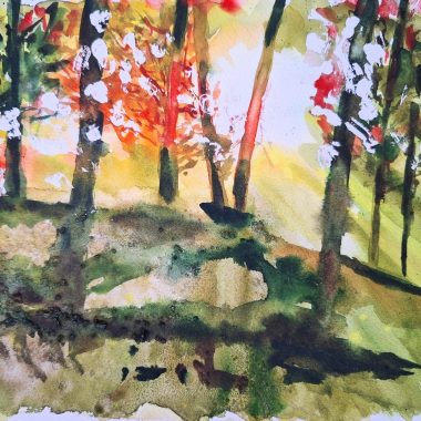 ציור מקורי: ציור בצבעי מים של נוף יער עם עצים גבוהים, עלים ירוקים עבותים ואור שמש כתום-צהוב בוהק המסתנן מבעד לעלים, על נייר כותנה. מוצר: il_fullxfull.6360354612_dyhp.jpg. מוסיף צבע וייחודיות לכל חלל.