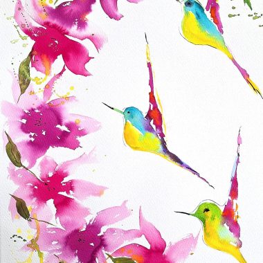 ציור מקורי: Il_fullxfull.6365090282_suzy.jpg מציג ציור בצבעי מים של שלושה יונקי דבש צבעוניים העפים בתבנית מעגלית תוססת בין פרחים ורודים על רקע לבן — יצירת אמנות קיר מלאת חיים שתאיר כל חלל ותשמח את חובבי הציפורים. מוסיף צבע וייחודיות לכל חלל.