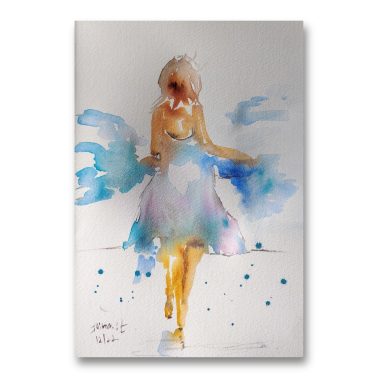 ציור מקורי: Il_fullxfull.6370824017_nikp.jpg מציג ציור בצבעי מים של אישה בשמלה מתנפנפת ההולכת על חוף הים. גוונים רכים של כחול, סגול וצהוב מתמזגים באופן מופשט על נייר כותנה, עם תווי פנים לא ברורים וכתמים דמויי כנפיים ליד זרועותיה. מוסיף צבע וייחודיות לכל חלל.