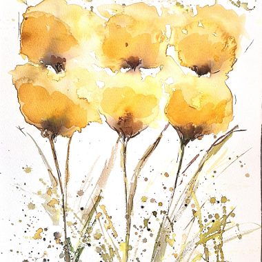 ציור מקורי: Il_fullxfull.6371073111_p0ke.jpg מציג ציור בצבעי מים של שישה פרחים צהובים מופשטים על נייר כותנה, עם משיחות מכחול חופשיות וכתמים אנרגטיים של צהוב, ירוק וחום. מוסיף צבע וייחודיות לכל חלל.