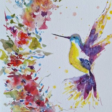 ציור מקורי: Il_fullxfull.6371092569_k0ps.jpg: ציור בצבעי מים בעבודת יד של יונק דבש תוסס ליד פרחים מופשטים, עם כתמים סגולים, צהובים, אדומים וירוקים על נייר כותנה עם רקע לבן. מוסיף צבע וייחודיות לכל חלל.