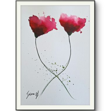 ציור מקורי: ציור פרחים מופשט בצבעי מים, il_fullxfull.6372307445_rjkh.jpg, מציג שני פרחים אדומים עם גבעולים ירוקים המצטלבים על נייר כותנה לבן בעבודת יד. כתמים אדומים וירוקים יוצרים אפקט אמנותי; חתימת האמן מופיעה בפינה השמאלית התחתונה. מוסיף צבע וייחודיות לכל חלל.