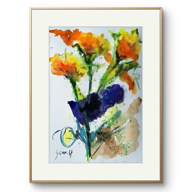 ציור מקורי: Il_fullxfull.6373223473_802i.jpg מציג ציור אבסטרקטי בצבעי מים של פרחים כתומים וצהובים עם גבעולים ירוקים, נגיעות של כחול וחום, חתימה בפינה השמאלית התחתונה, בתוך מסגרת דקה ובהירה על נייר כותנה בעבודת יד. מוסיף צבע וייחודיות לכל חלל.