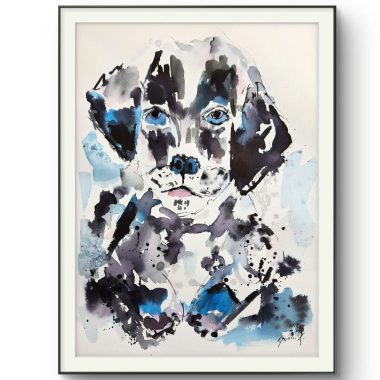 ציור מקורי: ציור אקוורל מופשט של דלמטי עם כתמים שחורים, לבנים וכחולים, שכותרתו 