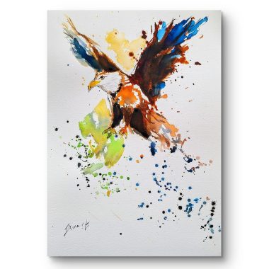 ציור מקורי: Il_fullxfull.6374515631_rsgu.jpg מציג נשר צבעוני ומלא חיים במעוף, כנפיו פרושות לרווחה עם כתמים כחולים, חומים, כתומים, ירוקים ושחורים ליצירת מראה מופשט ומרשים — יצירת אמנות מושלמת לקירות עבור חובבי ציפורים. מוסיף צבע וייחודיות לכל חלל.