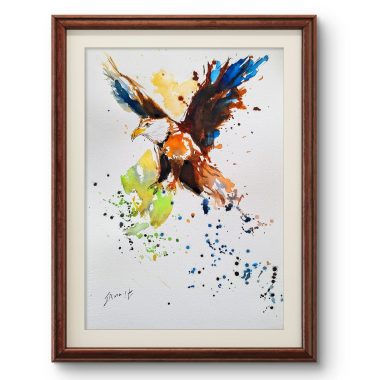 ציור מקורי: Il_fullxfull.6374516119_b58s.jpg מציג ציור צבעי מים מלא חיים של נשר דואה עם כנפיים פרושות בצבעים כחול, כתום, ירוק וצהוב, ממוסגר בעץ חום עם פספרטו לבן — יצירת אמנות קיר אידיאלית לחדר שלך. מוסיף צבע וייחודיות לכל חלל.