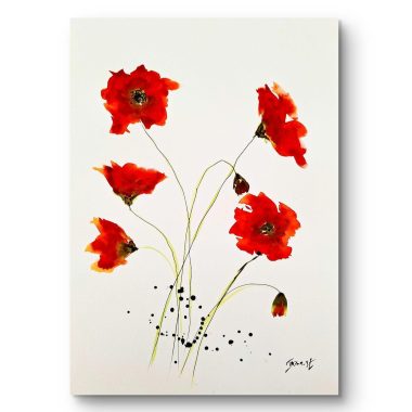 ציור מקורי: הקובץ il_fullxfull.6403538939_6978.jpg מציג יצירת אמנות מינימליסטית של פרחי פרג על קיר, עם שישה פרחי פרג אדומים עזים וגבעולים ירוקים ודקים על נייר כותנה, המודגשים בכתמי דיו שחורים ליצירת אפקט אקוורל מעודן. מוסיף צבע וייחודיות לכל חלל.