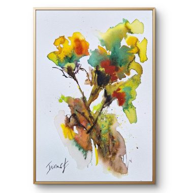 ציור מקורי: Il_fullxfull.6403566193_k9v5.jpg מציג ציור פרחים מופשט בצבעי מים עם כתמים בולטים בצבעי צהוב, ירוק, כתום וחום על נייר כותנה, משיכות מכחול חופשיות על רקע לבן, ממוסגר באלגנטיות במסגרת זהב דקה עם חתימת האמן בפינה השמאלית התחתונה. מוסיף צבע וייחודיות לכל חלל.