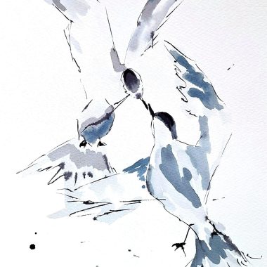 ציור מקורי: שני ציפורים במעוף, מקוריהן נוגעים זה בזה, מצוירות בצבעי מים כחולים ואפורים על נייר כותנה. סגנון מינימליסטי עם כתמי דיו וחתימת האמן, כפי שמוצג ב-il_fullxfull.6404614949_8y3k.jpg. מוסיף צבע וייחודיות לכל חלל.