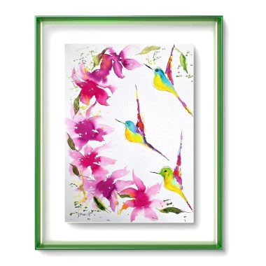 ציור מקורי: Il_fullxfull.6413166439_tprt.jpg מציג ציור מים מלא חיים של שלושה יונקי דבש בין פרחים ורודים, ממוסגר בירוק — תמונה אידיאלית לחובבי ציפורים המעוניינים באלמנט דקורטיבי מלא חיים ואלגנטי. מוסיף צבע וייחודיות לכל חלל.