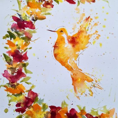 ציור מקורי: ציור מקורי בצבעי מים בשם il_fullxfull.6415794804_a6aq.jpg מתאר יונק דבש כתום במעוף בין פרחים אדומים, צהובים וכתומים עם עלים ירוקים. הציור צויר על נייר כותנה בסגנון מופשט ונינוח, עם כתמי צבע עזים. מוסיף צבע וייחודיות לכל חלל.