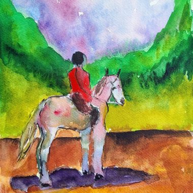 ציור מקורי: המוצר il_fullxfull.6425627405_f2kh.jpg הוא ציור בצבעי מים בגודל 6.9×8.3 אינץ' המתאר אדם במעיל אדום רוכב על סוס לבן בנוף ירוק ושופע עם עצים וגבעות תחת שמיים סגולים-כחולים. מוסיף צבע וייחודיות לכל חלל.