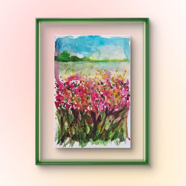 ציור מקורי: יצירת אמנות מסגרתית של ציור פרחים מופשט בצבעי מים, שכותרתה 