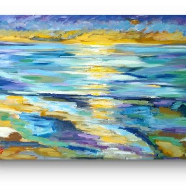 ציור מקורי: Il_fullxfull.6445260673_nttz.jpg מציג ציור שמן מופשט וצבעוני של נוף ים בשקיעה, עם גוונים עזים של כחול, סגול וצהוב המשתקפים במים ובשמיים — אידיאלי כקישוט קיר מודרני לחדר שלכם. מוסיף צבע וייחודיות לכל חלל.