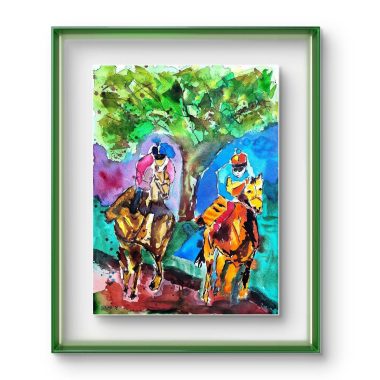 ציור מקורי: Il_fullxfull.6458770684_pz8f.jpg מציג ציור סוסים מלא חיים של שני רוכבים המשתתפים במרוץ על מסלול, על רקע שמיים כחולים ועץ ירוק גדול, המוצג בתוך מסגרת ירוקה על נייר כותנה בעבודת יד. מוסיף צבע וייחודיות לכל חלל.