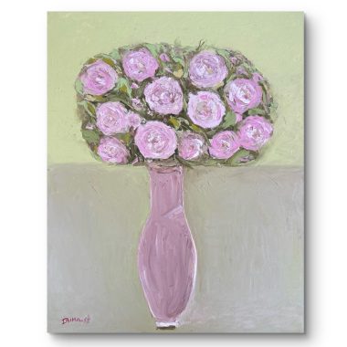 ציור מקורי: ציור שמן פרחוני בעבודת יד, שכותרתו il_fullxfull.6700534425_ec9n.jpg, מציג אגרטל ורוד עם ורדים ורודים ועלים ירוקים על בד איטלקי, על רקע ירוק-אפור רך. חתימת האמן מופיעה בפינה השמאלית התחתונה. מוסיף צבע וייחודיות לכל חלל.