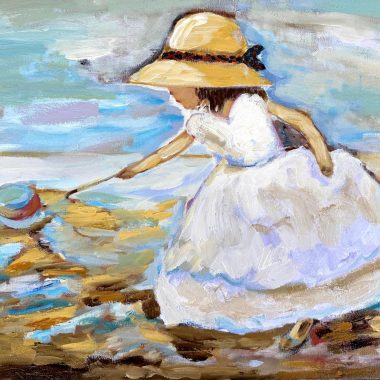 ציור מקורי: ציור מקורי: ציור שמן אימפרסיוניסטי בשם il_fullxfull.6700554277_nh45.jpg מציג ילדה בשמלה לבנה וכובע רחב שוליים המשחקת על חוף, מושיטה יד למים עם מקל תחת שמיים בהירים. מוסיף צבע וייחודיות לכל חלל. מוסיף צבע וייחודיות לכל חלל.