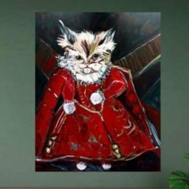 ציור מקורי: היצירה il_fullxfull.6862136300_95to.jpg Handmade Canvas Art מציגה חתול בשמלה אדומה עם שוליים לבנים וכפתורים זהובים, עונד שרשרת, על רקע כהה מופשט על בד קנבס מקורי מתוח. מוסיף צבע וייחודיות לכל חלל.