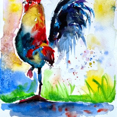 ציור מקורי: Il_fullxfull.6971432662_8e3m.jpg: ציור מים מלא חיים של תרנגול על נייר כותנה, המציג תרנגול חד-רגל עם נוצות אדומות, צהובות, כחולות ושחורות, העומד על הדשא על רקע מופשט וצבעוני. מוסיף צבע וייחודיות לכל חלל.