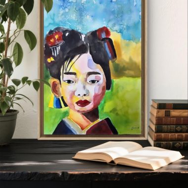 ציור מקורי: Il_fullxfull.7053572484_j4yn.jpg, ציור מקורי ממוסגר של אישה עם אביזרי שיער מסורתיים, מוצג על שולחן שחור ליד עציצים וספרים — בחירה אלגנטית לאמנות קיר ייחודית בביתכם. מוסיף צבע וייחודיות לכל חלל.