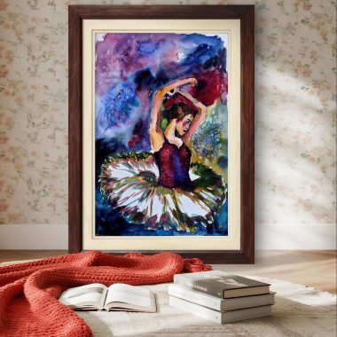 ציור מקורי: ציור בלרינה בצבעי מים ממוסגר (il_fullxfull.7101545743_bg9f.jpg) נשען על טפט פרחוני, עם שמיכה אדומה, ספר פתוח וספרים ערומים על רצפת עץ — ויוצר סצנה נעימה בהשראת הבלט. מוסיף צבע וייחודיות לכל חלל.