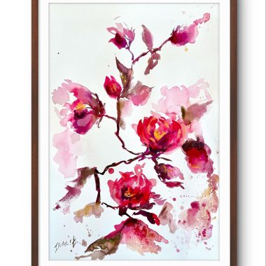 ציור מקורי: Il_fullxfull.7134041602_5qas.jpg הוא ציור ממוסגר של פרחי בר עם ורדים אדומים וורודים עזים, עלים ירוקים וחומים על רקע לבן. משיחות מכחול אקספרסיביות ורופפות יוצרות תחושה בוטנית מופשטת ואוורירית. מוסיף צבע וייחודיות לכל חלל.