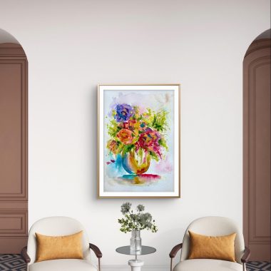 ציור מקורי: בסלון מודרני יש שני כורסאות, שולחן עגול קטן עם אגרטל, ויצירת אמנות בוטנית 