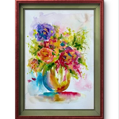 ציור מקורי: Il_fullxfull.7167869353_55nv.jpg הוא ציור בצבעי מים ממוסגר המציג זר פרחים עז צבעים באגרטל, בצבעים ורוד, צהוב, סגול וירוק על רקע לבן — יצירת אמנות בוטנית מושלמת לכל חלל. מוסיף צבע וייחודיות לכל חלל.