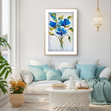 ציור מקורי: סלון מואר ומודרני עם ספה לבנה, כריות כחולות וטורקיז, שולחן קפה עגול לבן, עציץ ו