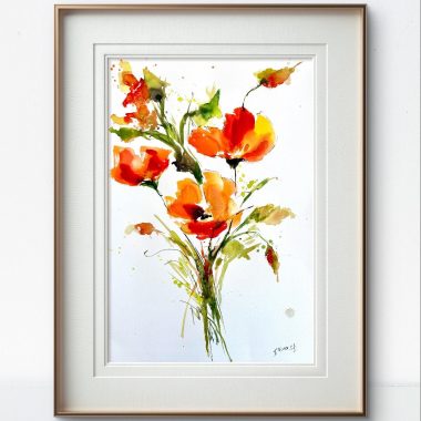 ציור מקורי: ה- il_fullxfull.7181987651_qtbg.jpg הוא ציור בצבעי מים על נייר כותנה, המציג פרחי פרג כתומים ואדומים עזים עם גבעולים ועלים ירוקים על רקע לבן בסגנון חופשי ומלא הבעה. מוסיף צבע וייחודיות לכל חלל.